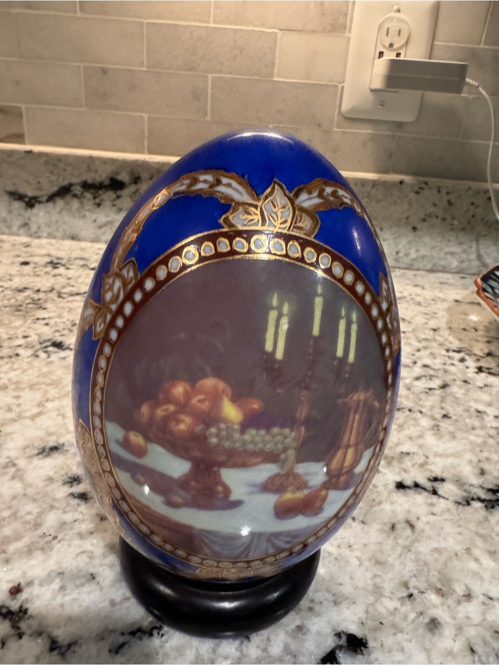 Vintage Cobalt Blue Porcelain Decorative Egg Gold Gilt Still Life w/Wood Stand